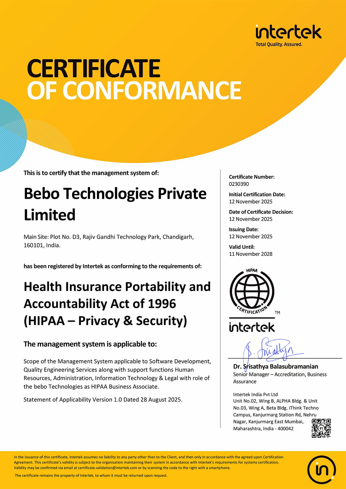 HIPAA Privacy and Security Certificate of Conformance 2025