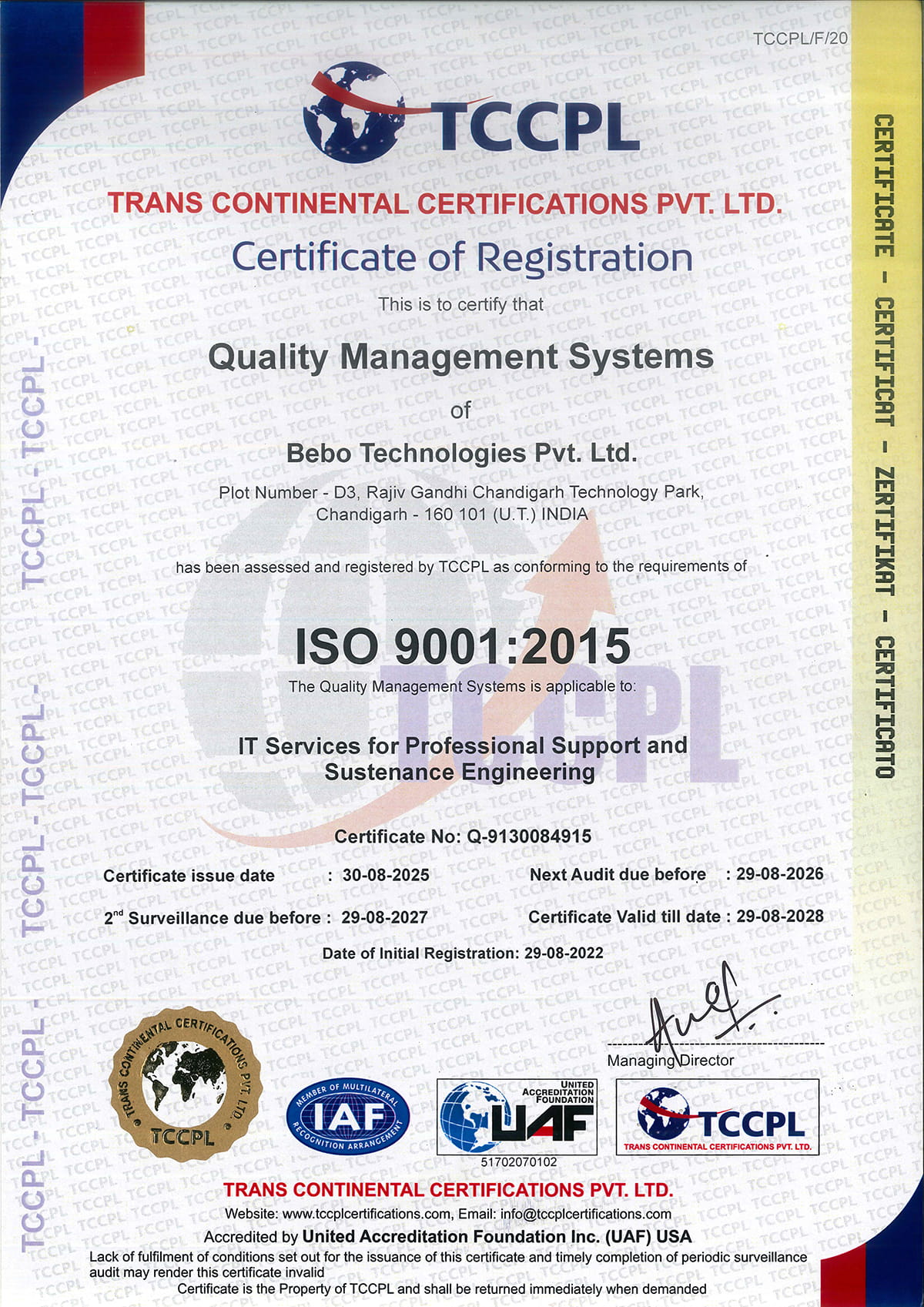 TCCPL ISO 9001:2015 Quality Management Systems Certificate